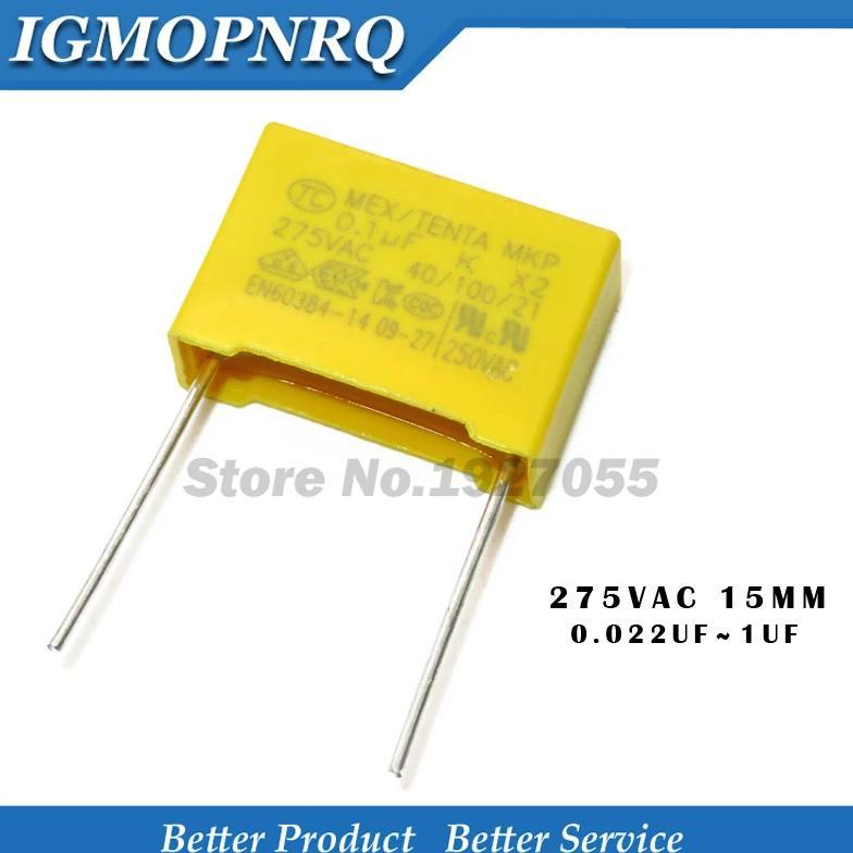 10pcs X2 Safety capacitor 15mm 275VAC 275V 0.022UF 0.047UF 0.1UF 0.15UF 0.22UF 0.33UF 0.47UF 0.68UF 