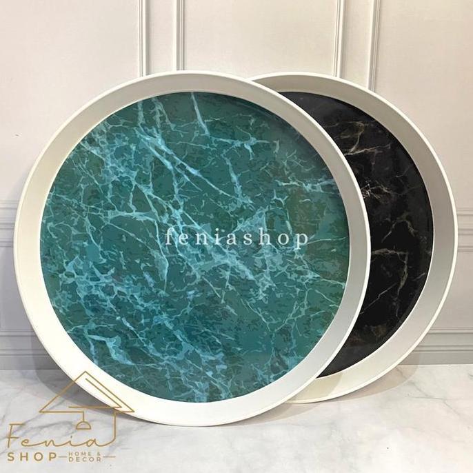 Nampan Bulat motif Marble Plastik Hijau Hitam Putih