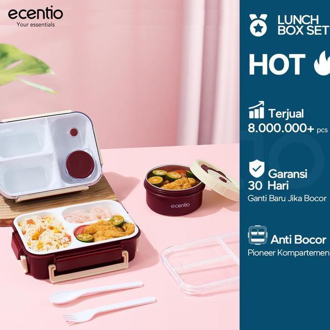 Ecentio Set Kotak Makan Bento & Mangkuk Stainless 304 Lunch Box 3 Sekat Kotak Bulat Anti Bocor Tahan