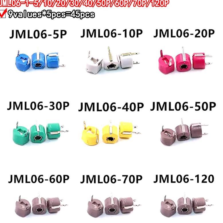 45pcs Variable Trimmer capacitor Assorted Kit JML06 5pf 10pf 20pf 30pf 40pf 50pf 60pf 70pf 120pf Adj