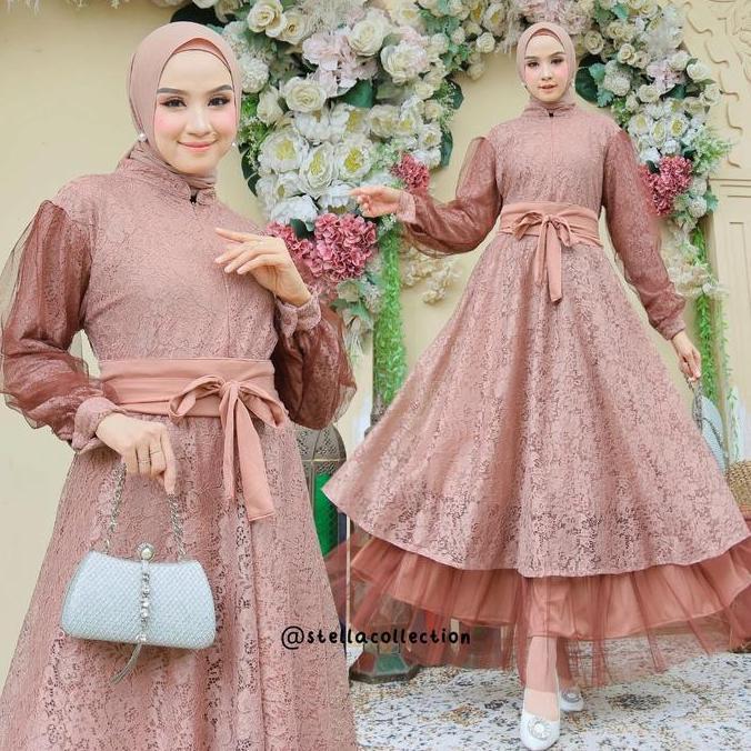 SC Dress Saida Gaun Wanita Brukat Tile Busui Friendly Free Belt Muslim Menyusui Mewah Gamis Brokat