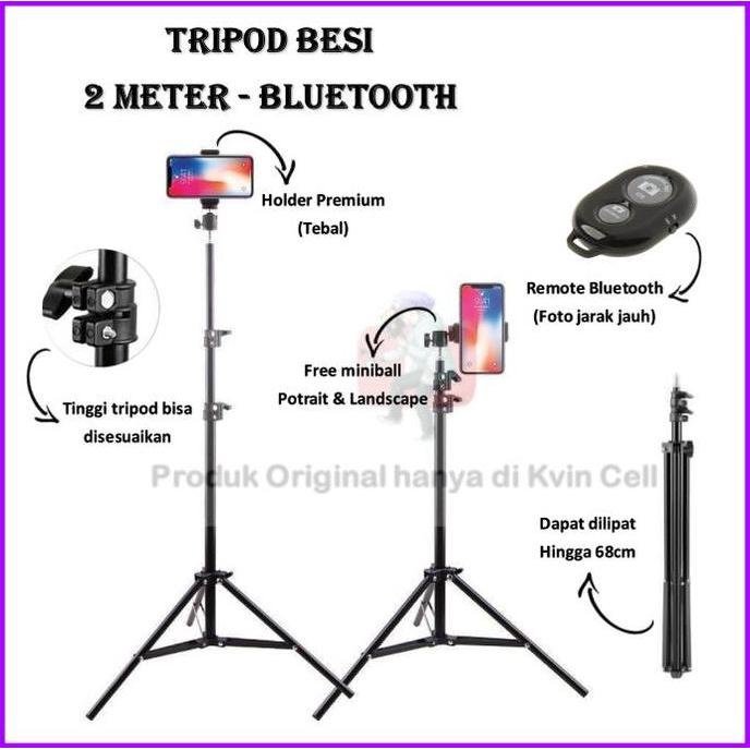 TERBAIK Tripod Hp Handphone 2 Meter Besi Plus Mini ball head Free Holder Hp Free Tomsis Remote Bluet