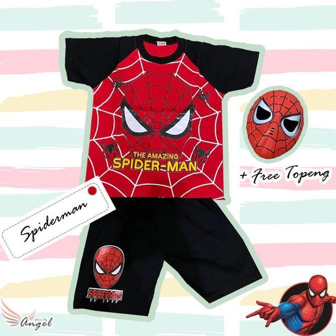 ASLI Setelan kostum Baju anak laki laki Karakter Spiderman + free topeng READY STOCK