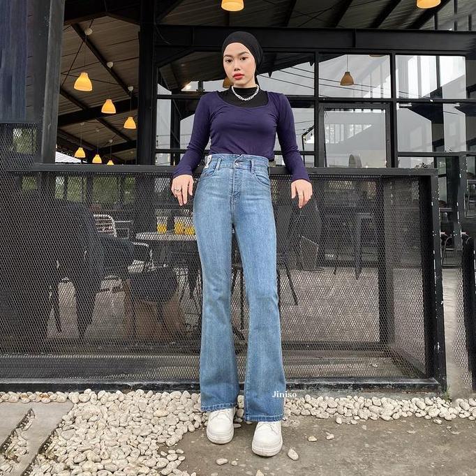 HANGOUT - JINISO Ultra Cutbray Stretch Celana Jeans Wanita Hhwaist