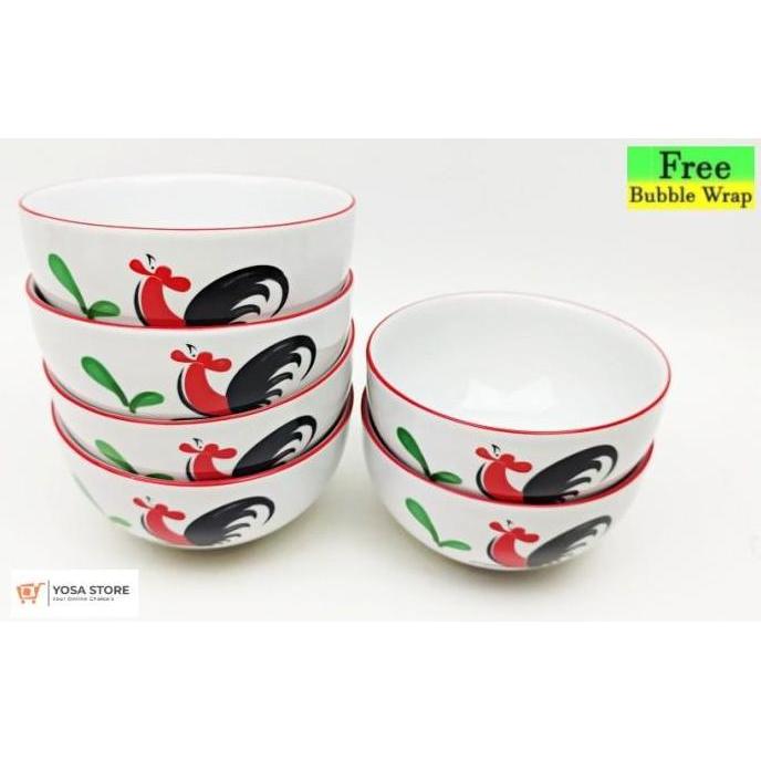 Bestone- [Paket 6Pcs] Mangkok Keramik Motif Ayam Jago Siera Tebal Size 4 inchi