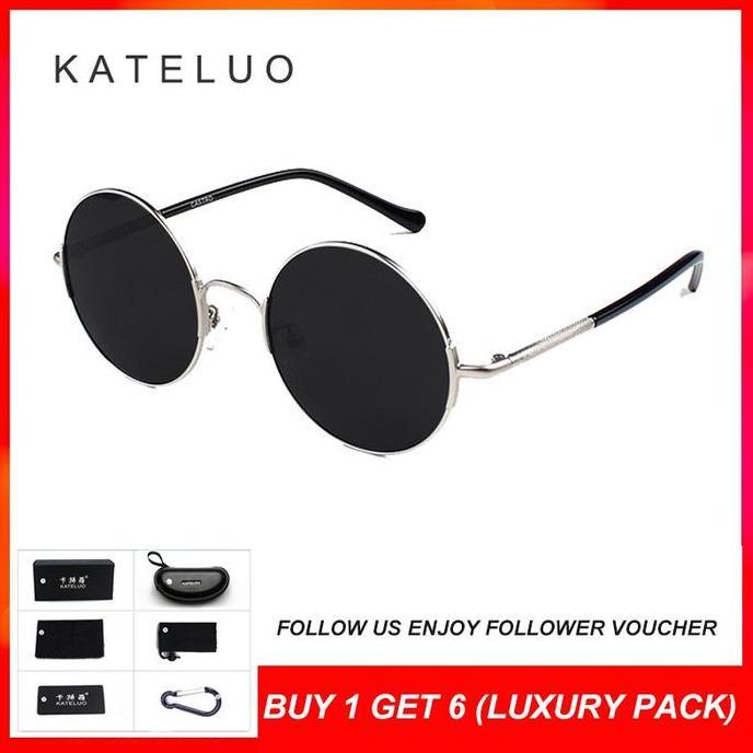 KATELUO Kacamata Hitam Bundar Gaya Retro Unisex Lensa Polarisasi