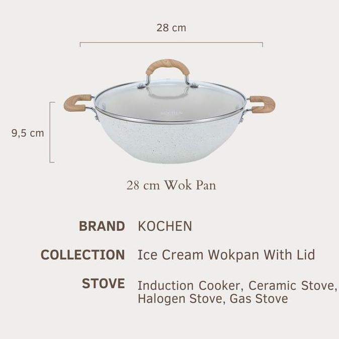 Termurah  Kochen Panci Wajan Penggorengan Wokpan 28Cm Granit Free Tutup Anti Lengket Non-Stick Cream