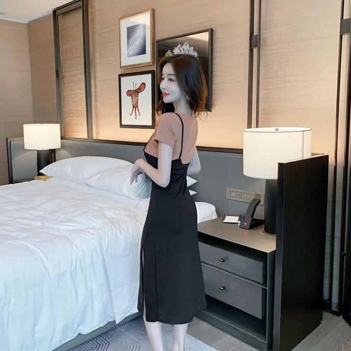 Girlfun- Big Size One Set U Neck Crop Tee Top + Bodycon Midi Dress With Side Split 1330 (S/M/Xl/Xxl)