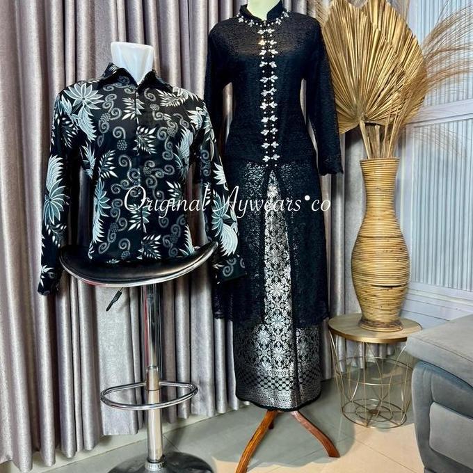 Newgir- Aywears ~ Set Couple Pasangan Hitam Kebaya Burkat Kurung  Malika Songket Dan Kemeja Batik Pa