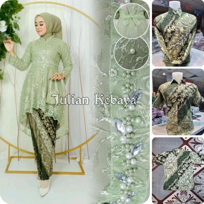 Newgir- Setelan Baju Couple Kebaya Tunik Payet Sage Green Dan Kemeja Batik Pria Atasan Kondangan Kel