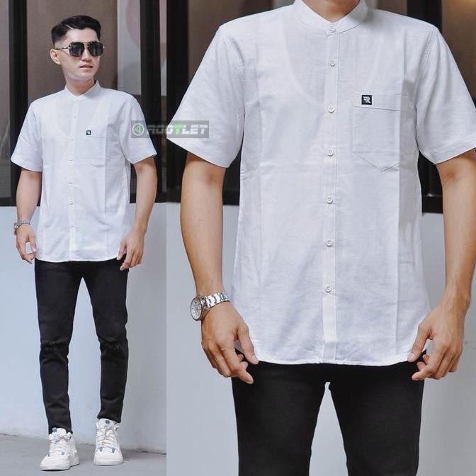 Kemeja Kemko Polos Kerah Shanghai Katun Linen Atasan Pria Dewasa Lengan Pendek koko Lembut Casual Fo