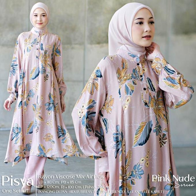 Newrelig- Pisya Setelan Wanita Muslim Rayon Viscose Mix Airflow Motif Etnik Batik Kombinasi Polos On