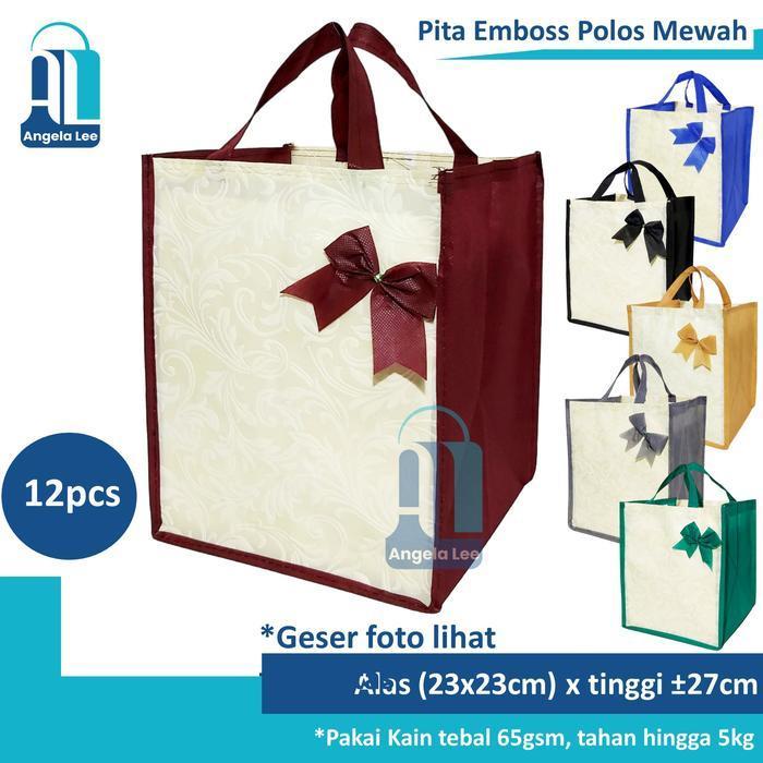 12Pcs Tas Kain Spunbond Pita Emboss Polos Muat 2 Box Nasi Kotak Besek 20/22Cm Hajatan Syukuran Pesta
