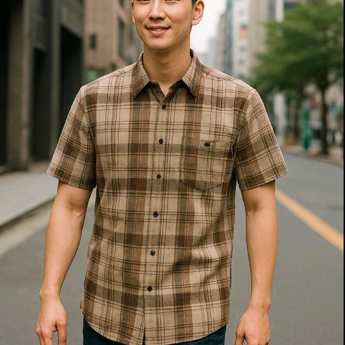 Boyboy- Kemeja Flanel Lengan Pendek Premium Unisex Slim-Fitting Baju Fit Distro Kotak Pria Casual Co