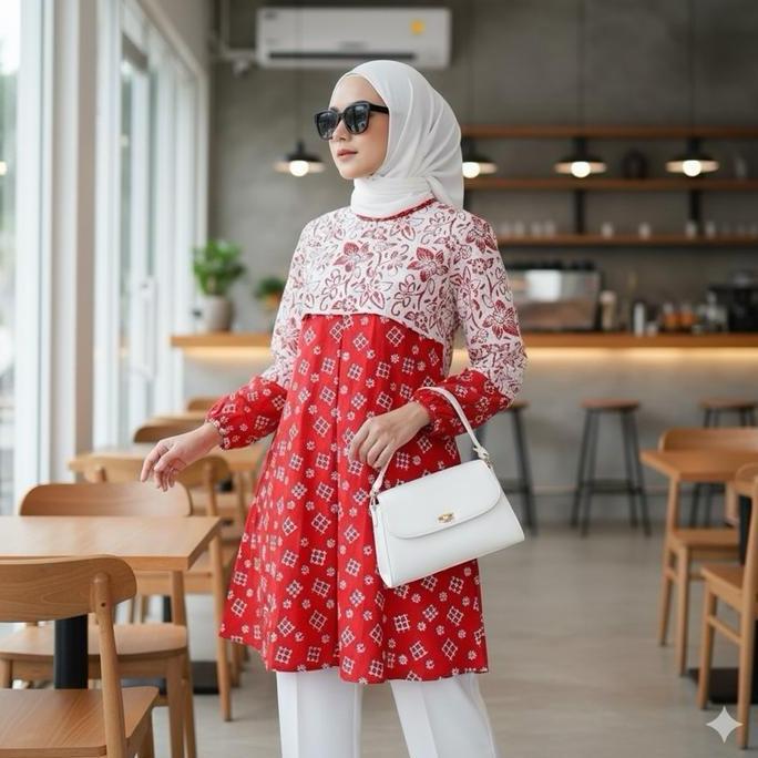 Newrelig- Shanaya Batik Tunik Seling Garutan Merah Cap Batik Solo Atasan Batik Modern Seragam  Wanit