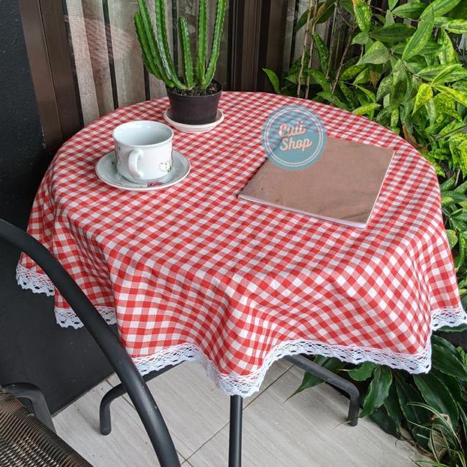 Hot Sale, Taplak Meja Bulat Renda Rajut Estetik Kekinian Motif Kain Kotak-Kotak Gingham By Cuii Shop