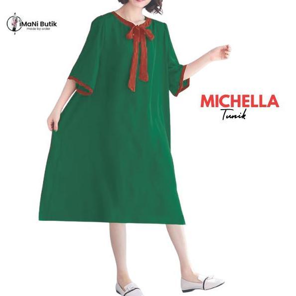 Ready Imani Butik - Fashion Wanita Tunik Michella Model A Line Motif Polos Muslim Katun Rayon Crinkl