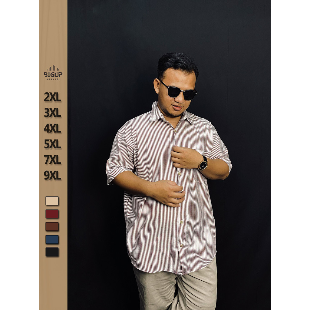 Atasan Pria Jumbo Kemeja Salur motif Garis Garis Lengan Pendek Terbaru 2025
