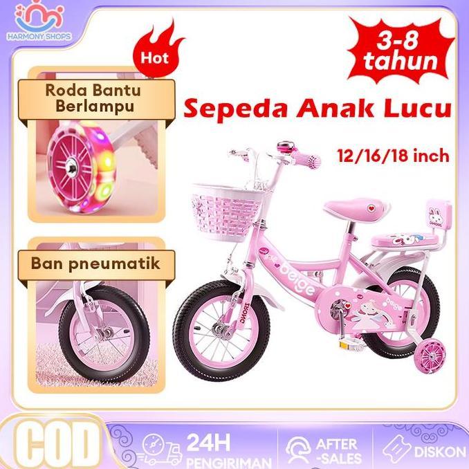 MirrorSepeda Anak Roda 4 Warna Pink Keranjang Ukuran 12 & 16& 18 Inci Usia 2-12 Tahun