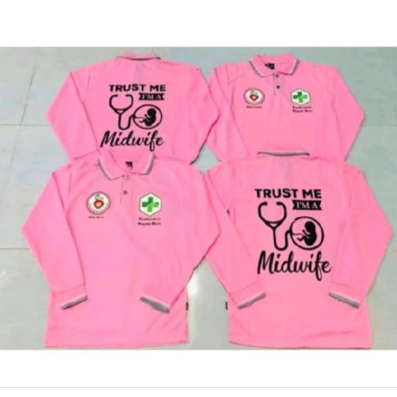 Cuci Gudang  Custom Kaos Polo Shirt Bidan Trust I'Am Midwife Lengan Panjang