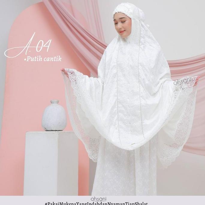 Promo Mukena Ahsani A.04 Dewasa Jumbo Sutra Ori Putih Renda Mewah Mahar Diskon