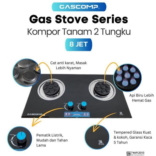 Gascomp Kompor Tanam Kaca 8 Jet Kompor Gas 2 Tungku 8 Jet Spesial Kompor Tanam Burner Lebih Hemat Ga