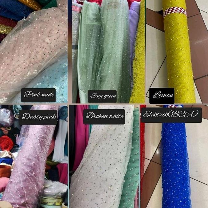 Lansungkirim- Kain Tile Swarovski Mutiara Payet - Tile Swarovski Premium / Kain Tile Meteran Mewah /