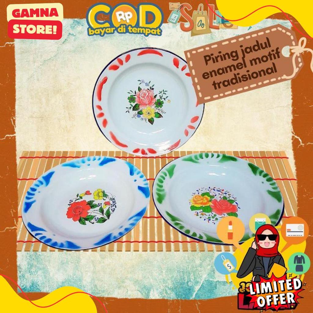 [Joeragan Lapak] Piring Seng Enamel (12 Pcs ) Motif Jadul 22 Cm Bunga Besi Jaman Dulu Legend Rsokr