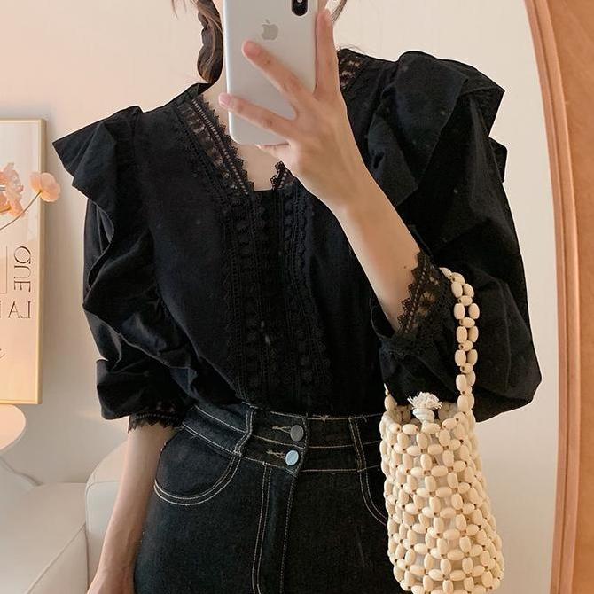 Bellastyle #Kemeja wanita V-neck renda renda manis dan ladylike, lengan panjang gaya istana atas unt