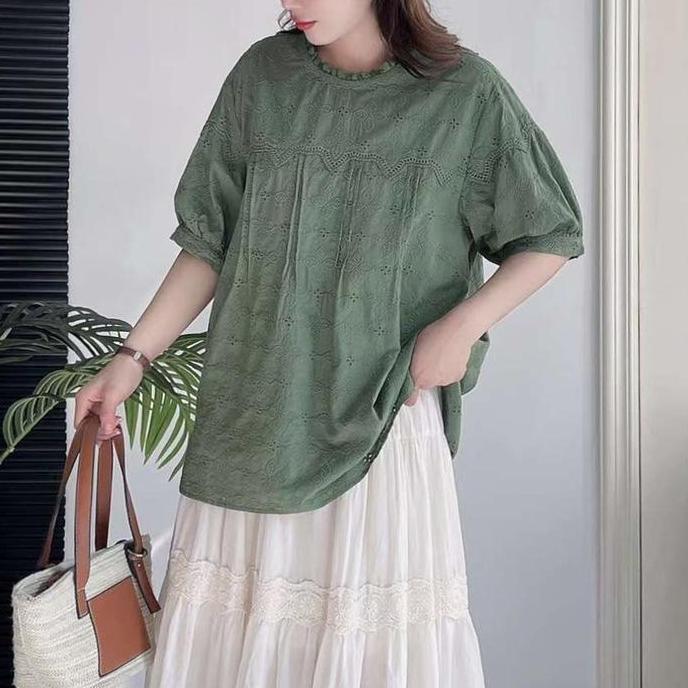 BLUS WANITA KATUN BORDIR EYELETS HIJAU MERAH OVERSIZE KOREA IMPORT