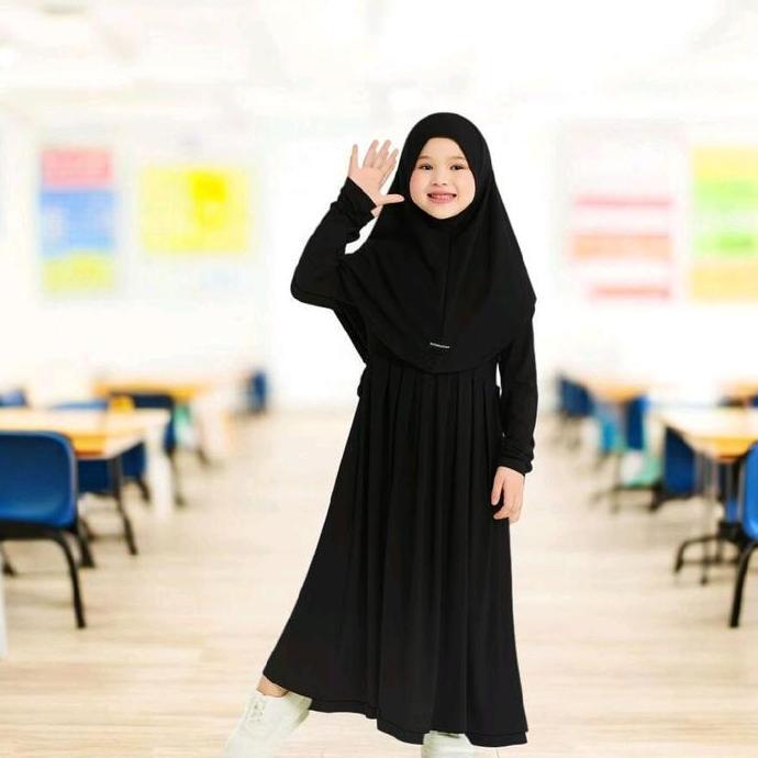 DISKON ABAYA ANAK JERSY GAMIS PEREMPUAN DRES SATU SET HIJAB SYARI LEBARAN MUSLIM HITAM BAJU ANAK USI