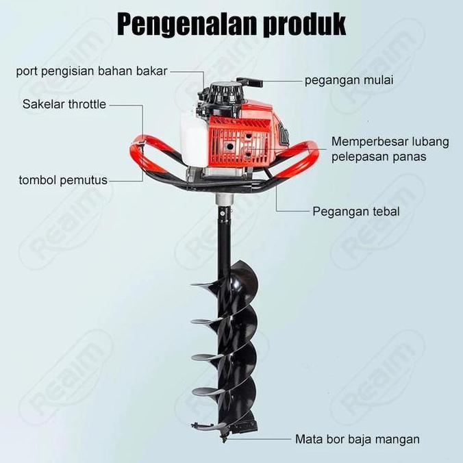 Terlaris Reaim Mesin Bor Tanah 25Cm Bensin | Earth Auger Drill Engine 2-Tak (Daya 3.5Hp & Kedalaman 