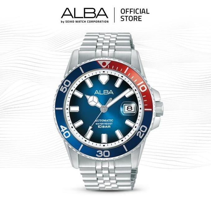 Alba Mechanical Jam Tangan Pria AU4051 / AU4051X1 Automatic Blue Dial Blue Red Bezel Stainless Steel