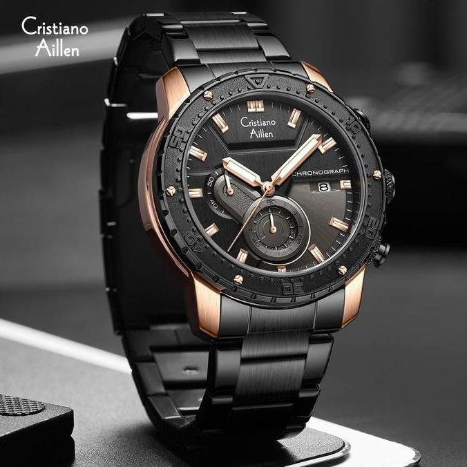 Cristiano Aillen Jam Tangan Pria 8900 Rantai Stainless Steel Chronograph Kaca Sapphire Water Resista