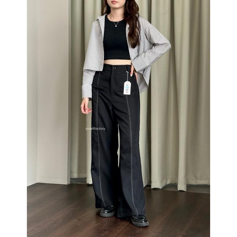 Otto Pants Celana Cutbray Wanita Highwaist Loose Kulot Bahan Polyester Twill