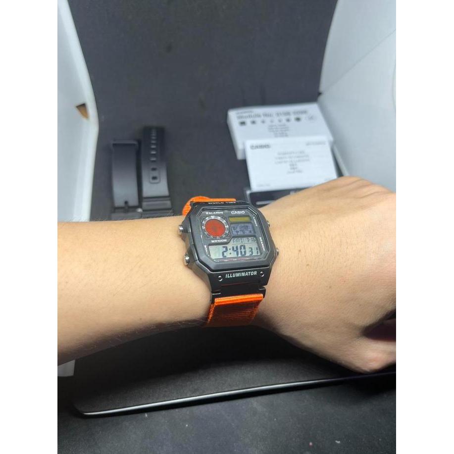 Modified jam tangan pria Casio AE-1200, colorful LCD, hydromod case and Nato kanvas canvas military 