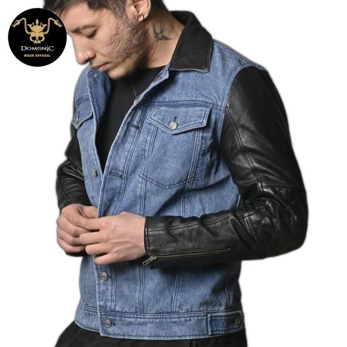 JAKET DENIM KOMBINASI KULIT ASLI JAKET JEANS KULIT PRIA