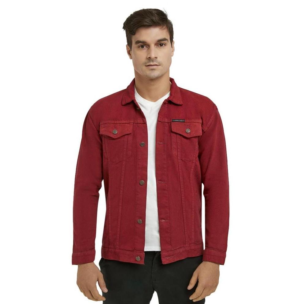 HEMMEH Jaket Denim Maroon Polos Jaket Jeans Merah Polos Jaket Jeans Pria Merah Polos