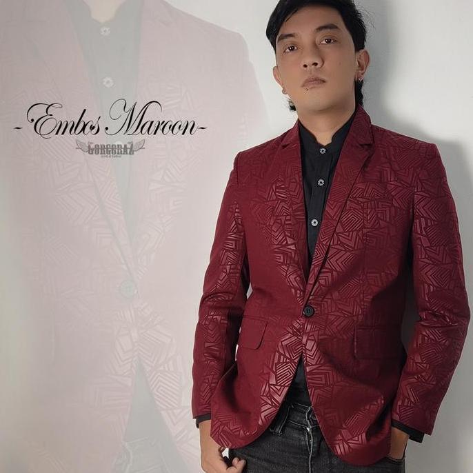 gorgoraz jas pria blazer pria batik keren merah maroon hitam sage navy embos bunga slimfit terbaru S