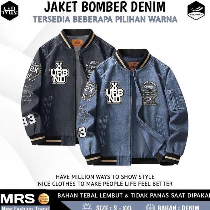 Jaket Bomber Denim Unisex Vintage Authentic Full Bordir Outerwear Casual Elgean New Trendy - E011