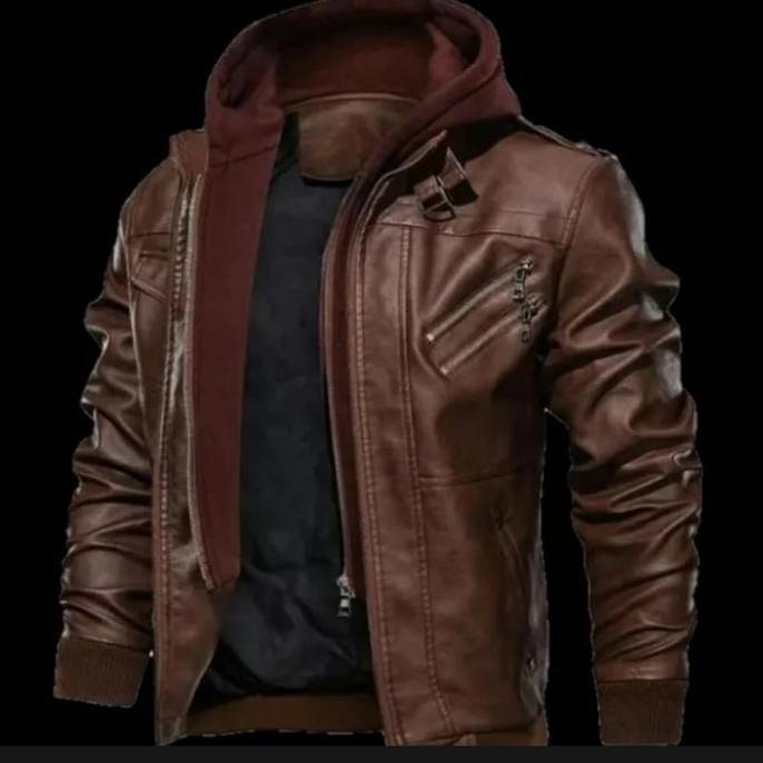 jaket kulit pria domba asli model hoodie kupluk