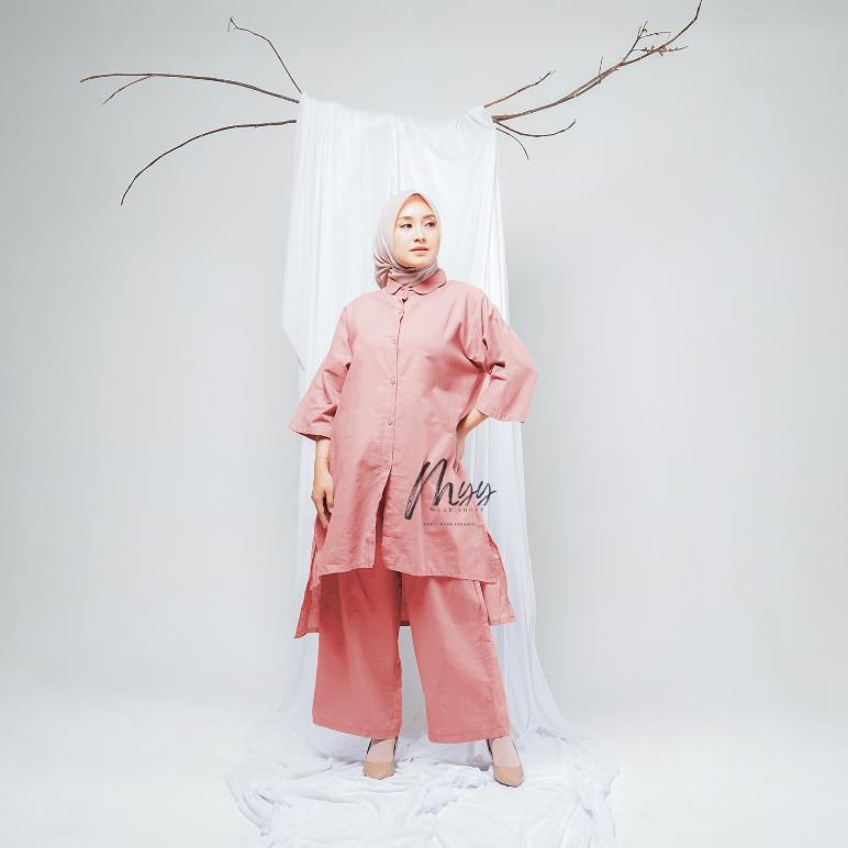 Titan One Set Jumbo Polos -Setelan Baju Kameja + Celana Kulot Set Wanita  bahan Katun Rami