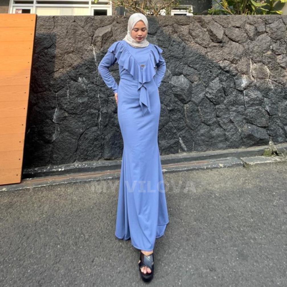 MY VILOVA Nagita Dress Mermaid Bahan Knit Jaguard Premium Ruffle Depan Gamis Viral Kondangan Fashion