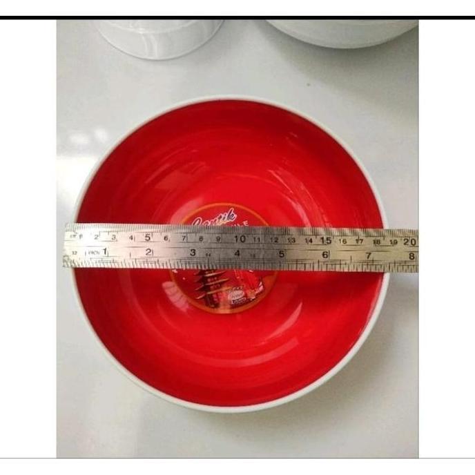 12 Pcs Piring Plastik Ramen Korea Bulat Cekung / Mangkuk Plastik 19cm Sajian Ramen Ceper Putih Merah