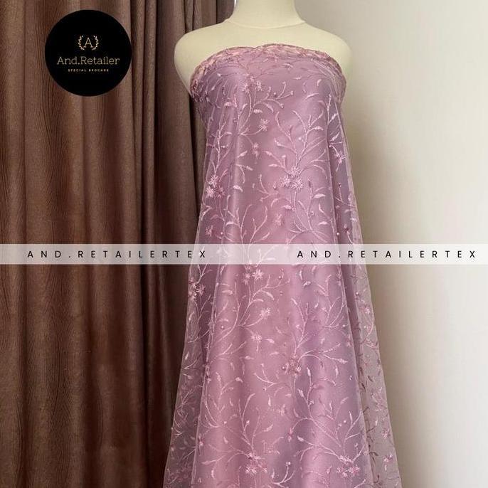 Tahan Lama  Kain Brokat Tile Akar Mutiara Lotus New Series Warna Ungu Lilac