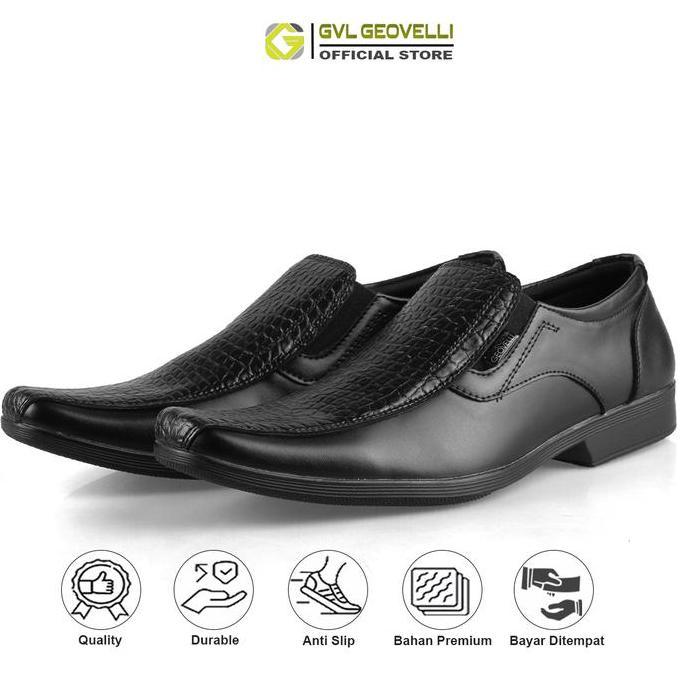 Gvl Geovelli Black G1948 | Sepatu Pantofel Formal Kasual Kerja Kuliah Pria Cowok Men Ori Lokal Shoes