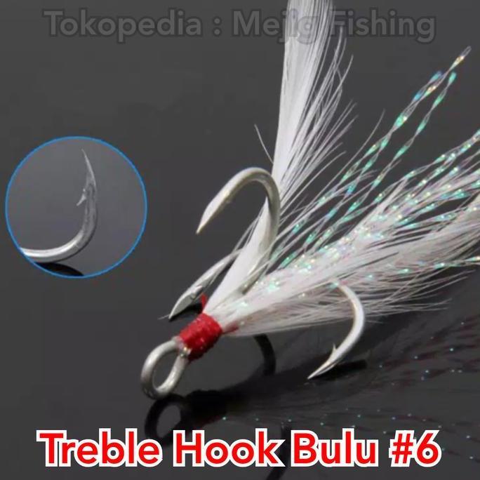Treble Hook Bulu No.6 untuk Metal Jig Spoon Minnow Lure Pancing