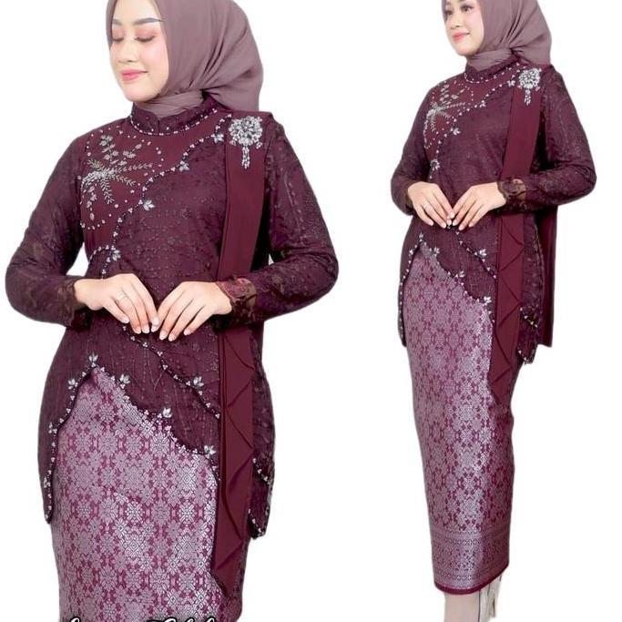 Kebaya Modern Wanita Mewah dengan Payet dan Selendang - Atasan,Wisuda, Remaja, Baju, Dress, Hitam, P