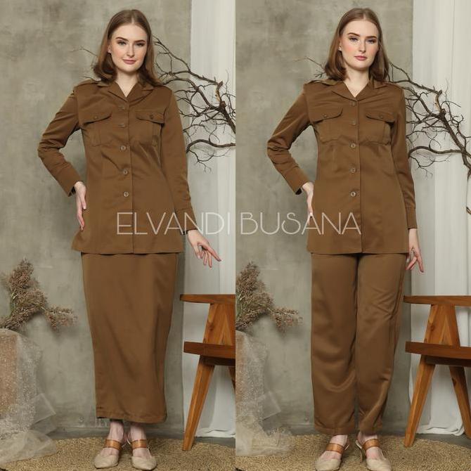 Setelan Jas Wanita Blazer Model Saku Atas Seragam Guru Baju PNS & Pemda - 7005 Khaki Tua Gelap