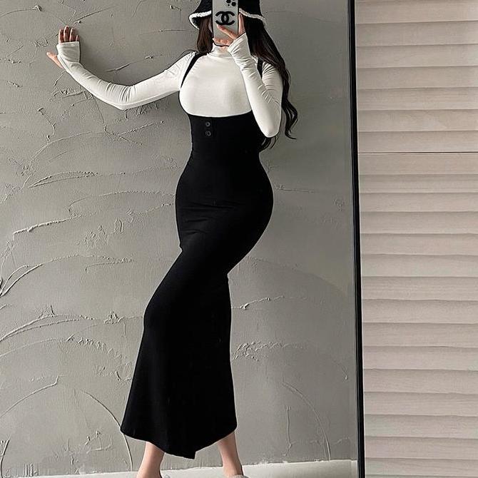 One Set Turtle Neck Long Sleeve Top + Strap Midi Dress 1570 (S/M/L/XL)